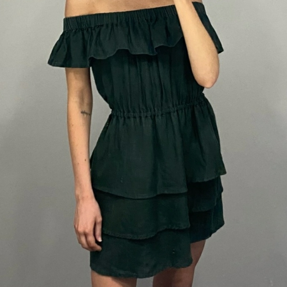 SIR. THE Label Dark green off the shoulder ruffled mini dress.